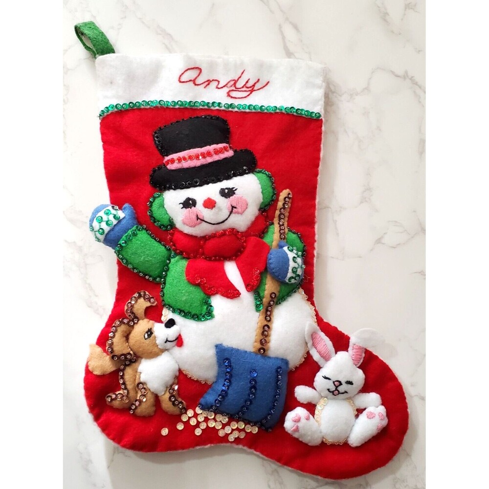 Vintage Bucilla Snowman Christmas Stocking Handmade 3D Felt Beads Sequins ANDY